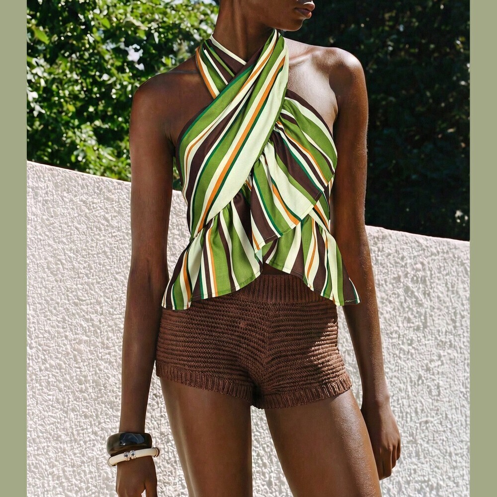 Green Striped Crisscross Halter Peplum Top with Ruffle Hem